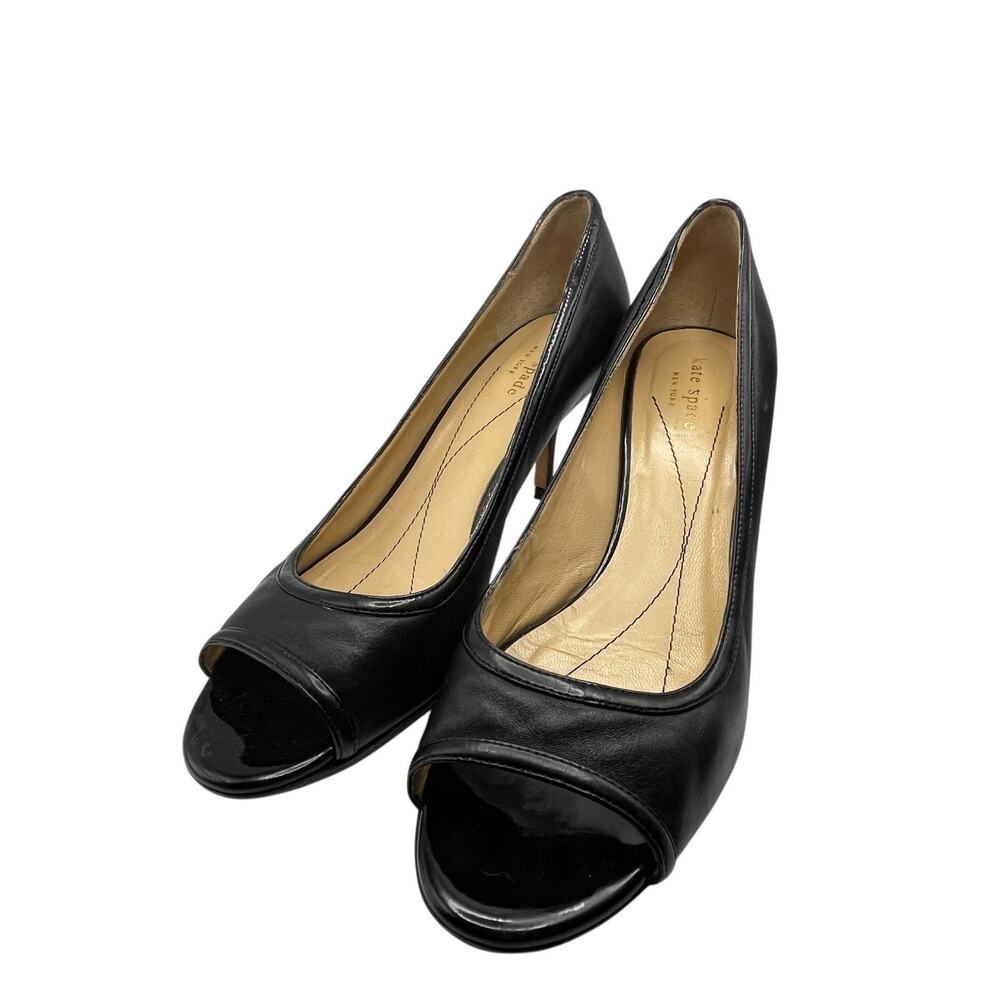 Kate Spade Heels Pumps Women SZ 9.5 Black Leather Open Toe 3 Inch Heels Classic